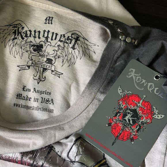 Konquest Shirt Mens Medium Skull Metallic Feather Warrior Tee Tshirt Y2K Grunge - Picture 3 of 11